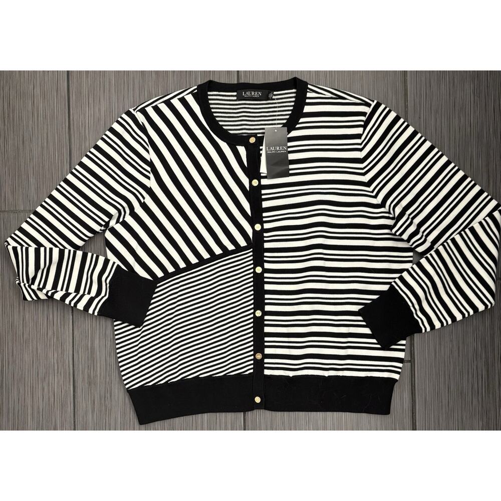 Lauren Ralph Lauren Black/White Striped Cardigan Sweater Size XXL Gold Buttons